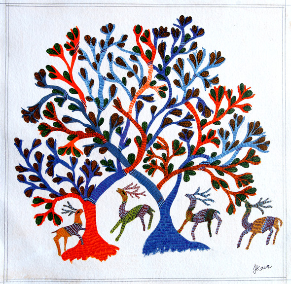 GOND ARTS ON HANDMADE PAPER (ART_2050_17269) - Handpainted Art Painting - 11in X 11in