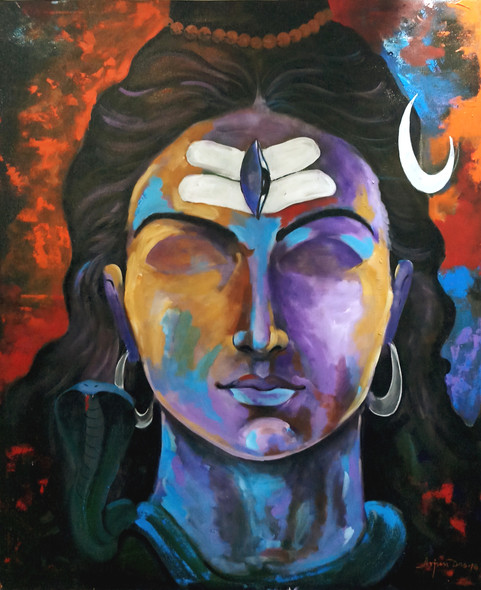 Shiva (ART_82_28860) - Handpainted Art Painting - 36in X 43in