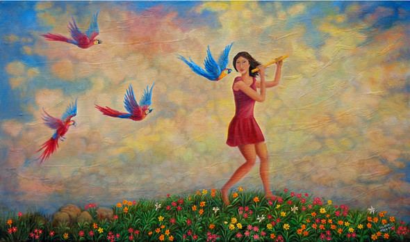 The Fly of Cockatoos by Isis Dora (ART_4916_29372) - Handpainted Art Painting - 43in X 24in