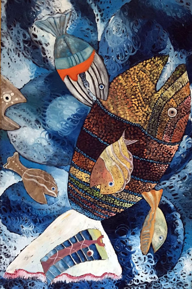 What a Good Fishing II by Conchi San (ART_4916_29437) - Handpainted Art Painting - 32in X 47in