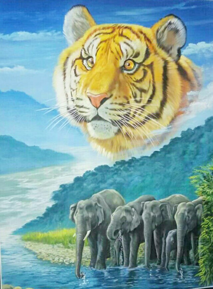 Praising tiger and elephants (ART_3319_29446) - Handpainted Art Painting - 28in X 40in