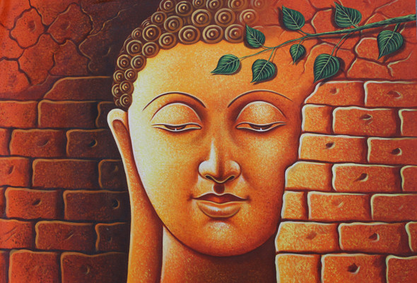 Lord Buddha With Leaves (ART_3319_29730) - Handpainted Art Painting - 36in X 24in