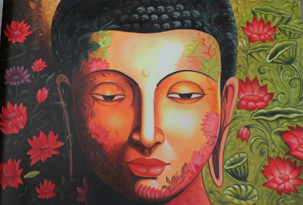 Buddha With Lotus (ART_3319_29743) - Handpainted Art Painting - 36in X 24in