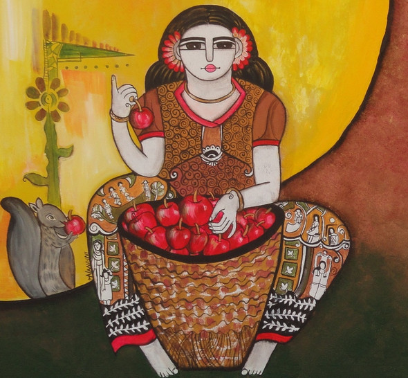 Apple seller (ART_5103_29805) - Handpainted Art Painting - 26in X 26in