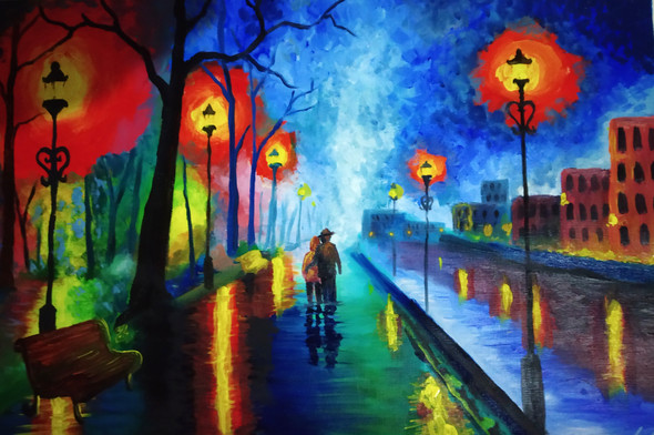 The night of a city (ART_4237_29931) - Handpainted Art Painting - 20in X 14in