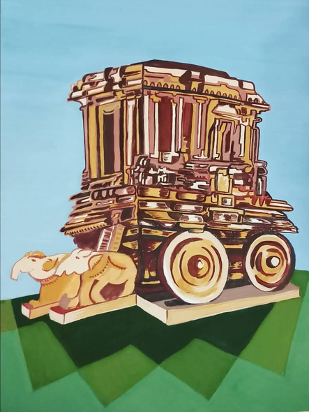 Hampi Rock Chariot (ART_5318_30945) - Handpainted Art Painting - 12in X 16in