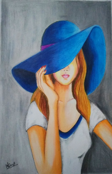 Girl in blue hat (ART_2819_31150) - Handpainted Art Painting - 13in X 18in