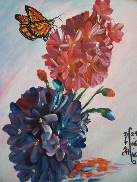 Butterfly and Flowers (ART_259_11290) - Handpainted Art Painting - 9in X 11in
