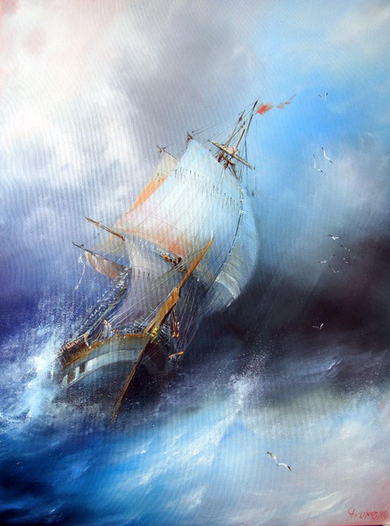 Boat Passing Through Waves 2 (PRT_821) - Canvas Art Print - 19in X 25in