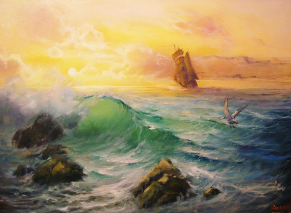 Sunrise At Sea With Boat And Seagull  (PRT_824) - Canvas Art Print - 23in X 17in