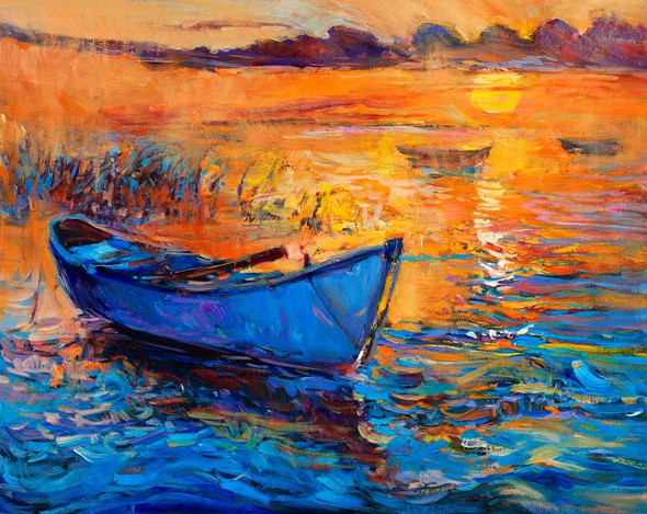 Boat Near The Shore At Sunrise (PRT_907) - Canvas Art Print - 19in X 15in