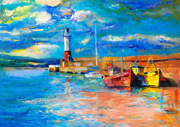 Boats And Light House Near Ocean (PRT_895) - Canvas Art Print - 26in X 18in