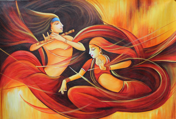 Dancing Radha Krishna (ART_3319_30948) - Handpainted Art Painting - 36in X 24in