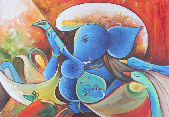 Musical Ganesha Painting (ART_3319_30677) - Handpainted Art Painting - 36in X 24in