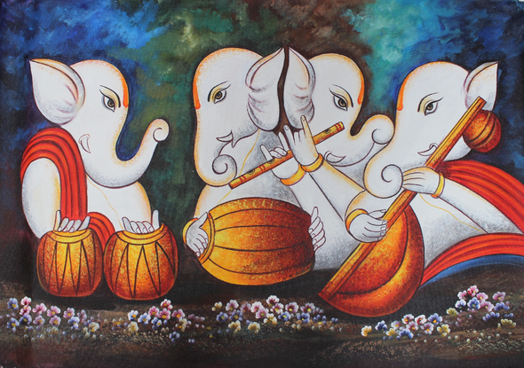 Musical Ganesha - 1 (ART_3319_30582) - Handpainted Art Painting - 36in X 24in