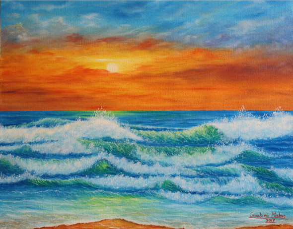 Emerald Green Sea Waves at Sunset (ART_976_20891) - Handpainted Art Painting - 19in X 15in