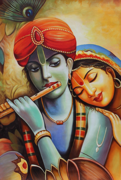 The Divine Radha Krishna-3 (ART_3319_31304) - Handpainted Art Painting - 24in X 36in