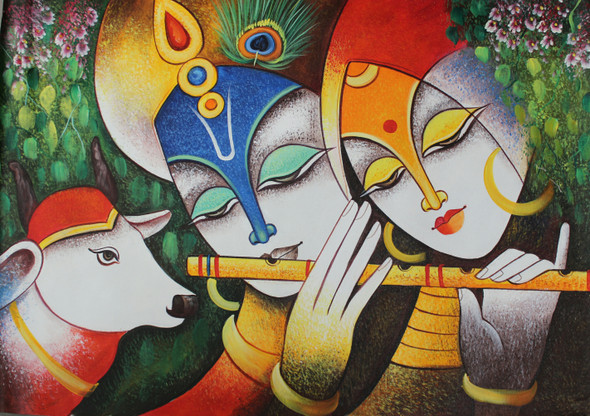 The Divine Radha Krishna-1 (ART_3319_30681) - Handpainted Art Painting - 36in X 24in