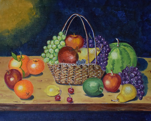 Basket of fruits (ART_3633_32719) - Handpainted Art Painting - 20in X 16in