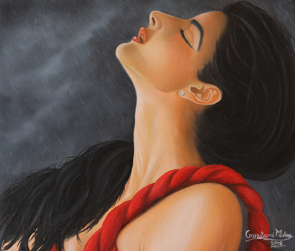 Woman Enjoying Rain (ART_976_25655) - Handpainted Art Painting - 17in X 15in