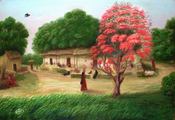 Indian Village with orange flower tree (ART_5738_33132) - Handpainted Art Painting - 28in X 20in