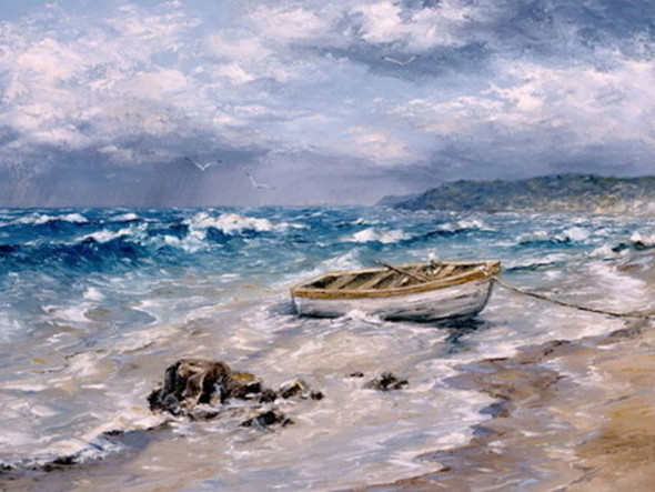 32landscape12 - 32in X 24in,32landscape12_3224,Oil Colors,Canvas,Seascape,Boat in Sea,Blue,Museum Quality - 100% Handpainted,Violet, Mauve,80X60 Size,Landscape and Seascape;Latest Collection Art Canvas Painting Buy canvas art painting online for sale