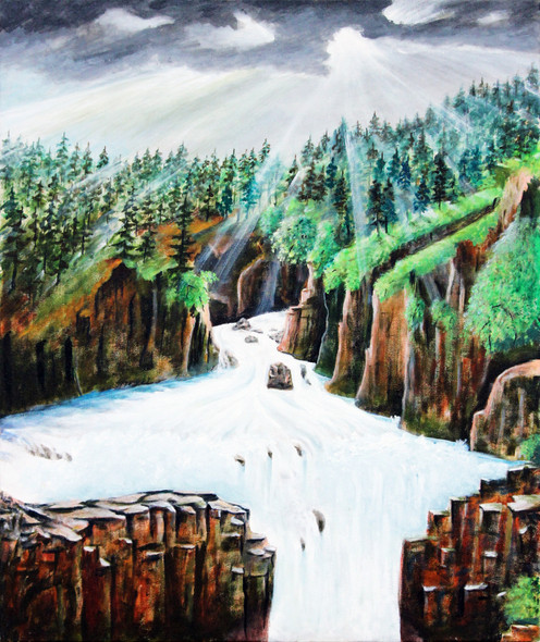 Aharball falls-By J K Mirza (ART_5709_33585) - Handpainted Art Painting - 36in X 30in