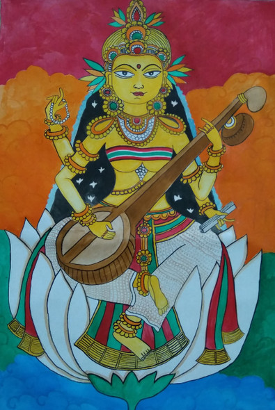 Devi Saraswati (ART_5791_33622) - Handpainted Art Painting - 11in X 18in