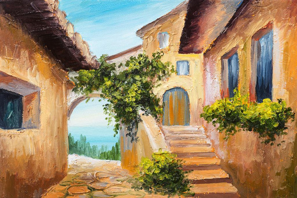 House Near The Sea With Colourful Flower (PRT_1013) - Canvas Art Print - 27in X 18in