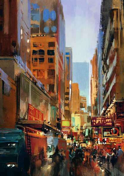 Urban Street With Buildings (PRT_1015) - Canvas Art Print - 17in X 24in