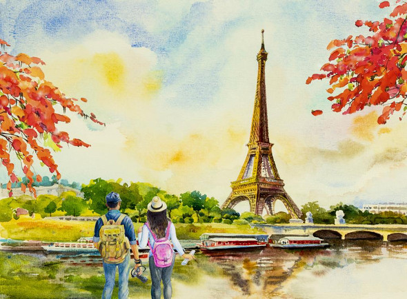 Couple At Eiffel Tower (PRT_1025) - Canvas Art Print - 29in X 21in