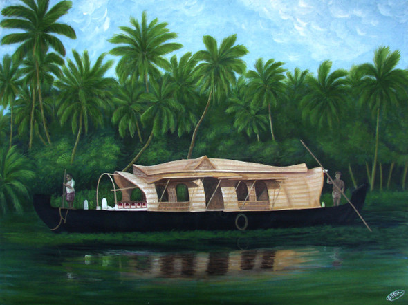 Kerala boat house (ART_5738_34184) - Handpainted Art Painting - 44in X 35in