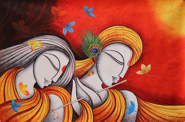 The Divine radha krishna-2 (ART_3319_34362) - Handpainted Art Painting - 36in X 24in