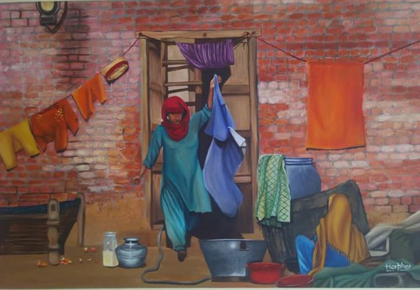 Daily chores (ART_889_2961) - Handpainted Art Painting - 36in X 24in