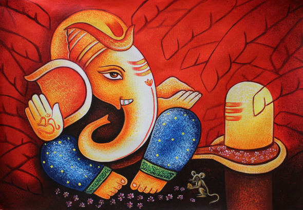 Lord Ganesha with Mushak-02 (ART_3319_34501) - Handpainted Art Painting - 36in X 24in