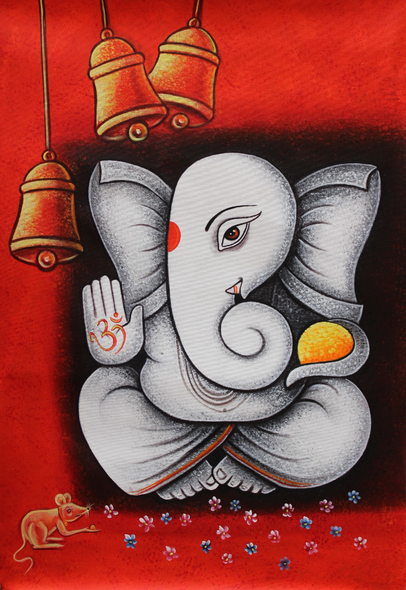 Lord Ganesha With Bells (ART_3319_34498) - Handpainted Art Painting - 24in X 36in