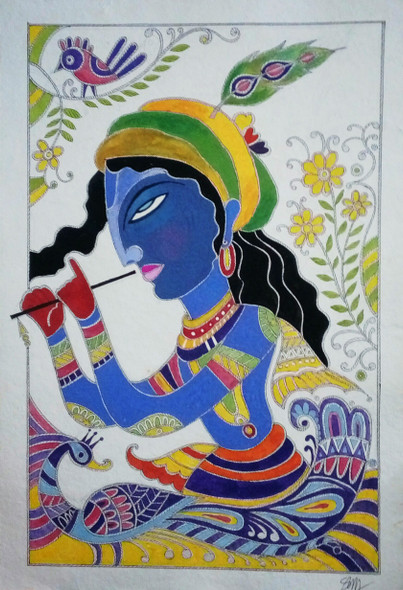 LORD KRISHNA WITH FLUTE (ART_5922_34521) - Handpainted Art Painting - 15in X 20in
