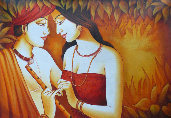 The Divine Radha Krishna-3 (ART_3319_31505) - Handpainted Art Painting - 36in X 24in