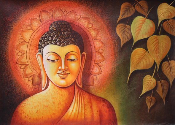 Lord Buddha with Leaves-02 (ART_3319_34564) - Handpainted Art Painting - 36in X 24in
