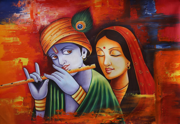 Abstract style Radha Krishna. (ART_3319_34561) - Handpainted Art Painting - 36in X 24in