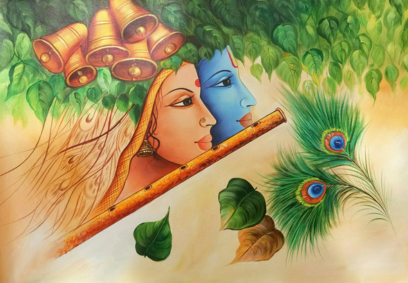 Radha Krishna with bells (ART_3319_31285) - Handpainted Art Painting - 36in X 24in