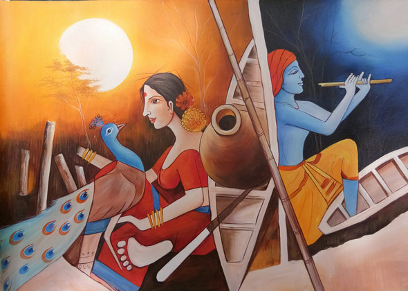 Radha Krishna (ART_3319_31283) - Handpainted Art Painting - 36in X 24in