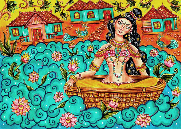 Kerala Mural Lady Painting, Traditional Indian Art (PRT_1037) - Canvas Art Print - 20in X 15in