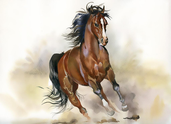 Brown Running Horse In Watercolors (PRT_1069) - Canvas Art Print - 27in X 19in