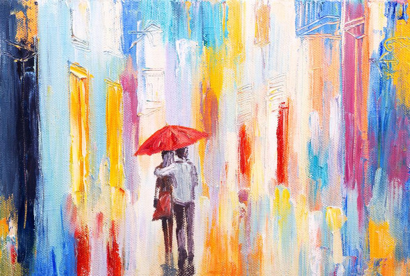 Romantic Couple In Rain (PRT_1079) - Canvas Art Print - 28in X 19in