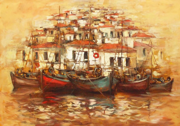 Boat, Sea & Town (PRT_1087) - Canvas Art Print - 19in X 13in