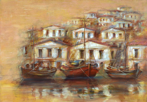 Boats On The Island Harbor 17 (PRT_1108) - Canvas Art Print - 30in X 21in