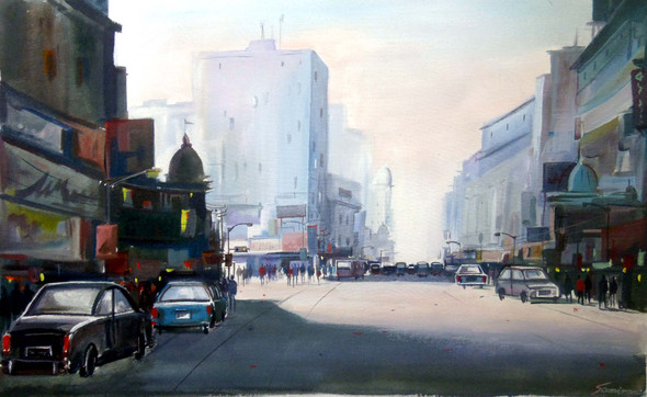 Early Morning Street (ART_1232_35328) - Handpainted Art Painting - 26 in X 16in