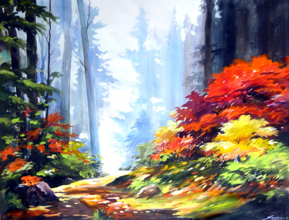 Beauty Of Mountain Forest (ART_1232_14206) - Handpainted Art Painting - 35in X 28in