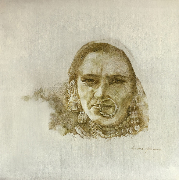 Folk woman from India (ART_6267_36188) - Handpainted Art Painting - 24in X 24in